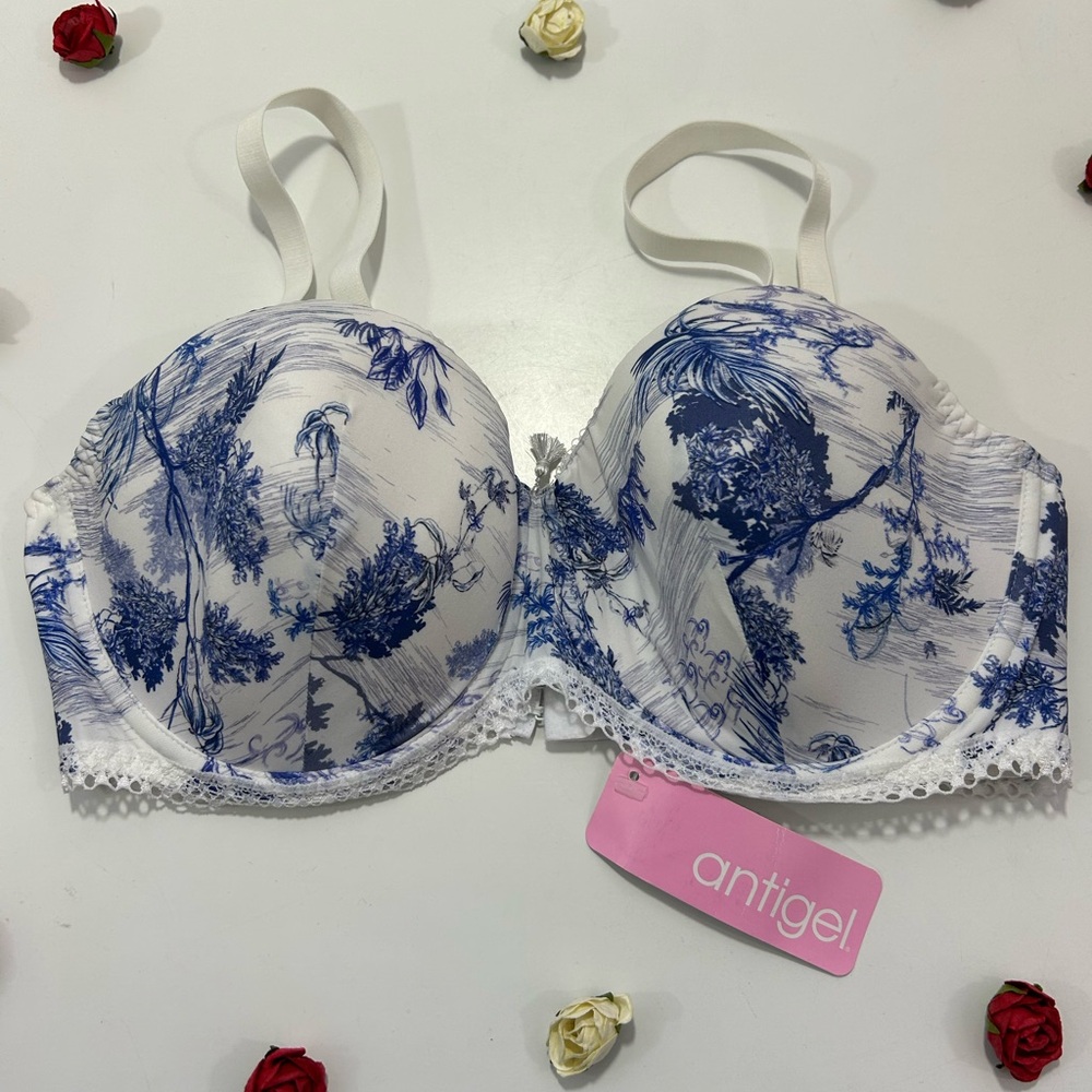 CCO Lise Charmel Blue and White Floral Lined Bra 34E NWT